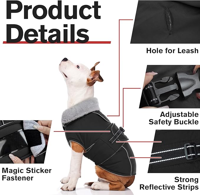 LeLePet Waterproof, Windproof Dog Coat (Black, 2XL) - Reflective, Adjustable, Polyester Cold Weather Coat with Fleece Lining for Large Dogs