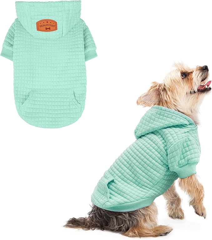 BEAUTYZOO Small Dog Hoodie Sweater with Pockets, Dog Clothes for Small Medium Dogs Boy Girl, Waffle-Like Laminated Cotton Pet Coats with Hat and Leash Hole, Mint Green XXS