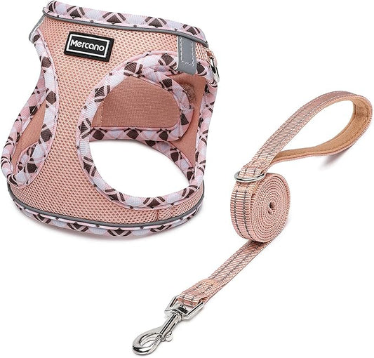 Mercano Soft Mesh Dog Harness and Leash Set, No-Chock Step-in Reflective Breathable Lightweight Easy Walk Vest Harnesses with Safety Buckle for Small Dogs, Cats (Champagne, M)