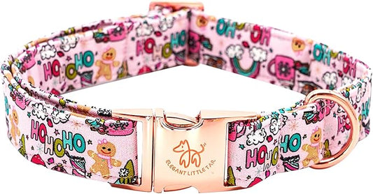 Elegant little tail Christmas Dog Collar, Pink Gingerbread Man Print Pet Collar Dog Durable Cute Dog Collars Winter Holiday Male or Female Pet Gift Adjustable Dog Collar for X-Small Puppy