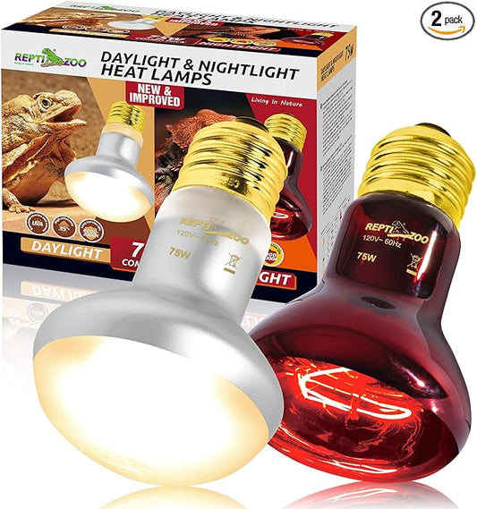 REPTI ZOO 75W Reptile Heat Lamp Bulb, 2PCS Day & Night Basking Spot Light Combo Pack Includes Infrared Heat Lamp and UVA Daylight Heating Lamp Basking Light