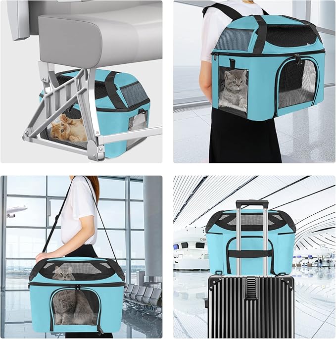 Large Cat Carrier for 2 Cats, Oeko-TEX Certified Soft Side Pet Carrier for Dog, Collapsible Travel Small Dog Carrier, TSA Airline Approved Cat Carrier for Large Cats 20 lbs (Blue)