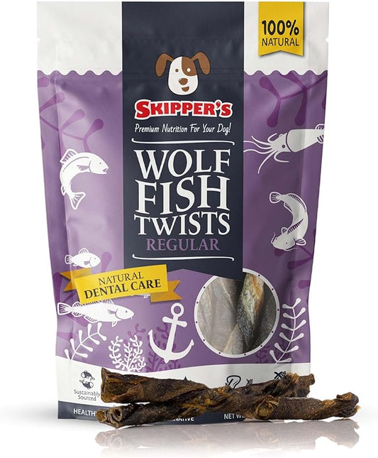 SKIPPER'S Wolf Fish Skin Twists Dog Chews - 100% Fish Skin Grain Free Treats for Dogs, High in Protein & Low in Fat, Essential Omega 3 Oils | Great for Teeth (Regular, 9 Oz)