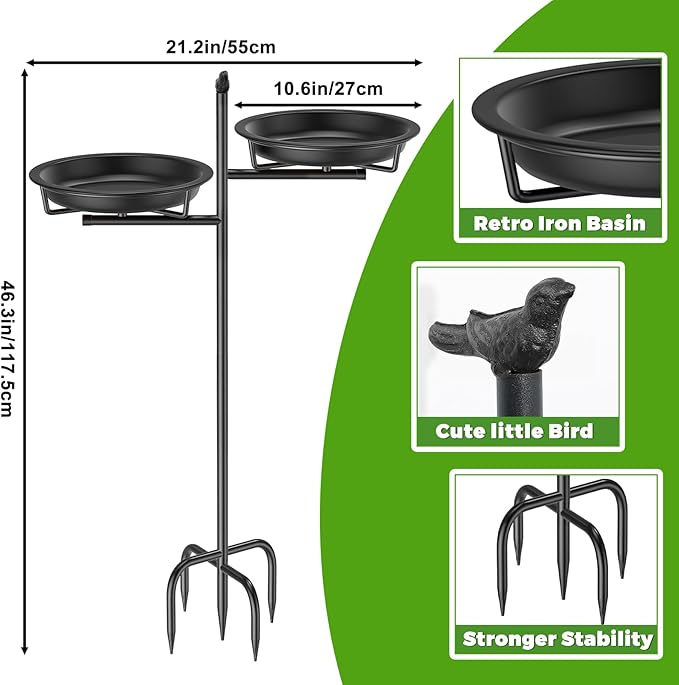 46 Inch Metal Bird Bath for Outside, Vintage Freestanding Birdbaths Feeder Bowl, Stable & Easy to Clean Birdfeeder for Outdoors Garden Yard Lawn Decor (Black)