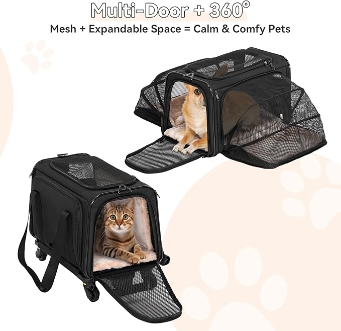 A4Pet Airline-Checked Pet Carrier with Wheels(Removable) & Retractable Handle - Soft Cat Carrier, Small Dog Carrier, Fits Under Airline Seats, 15lb Capacity, Pet Carrier for Cats/Small Dogs