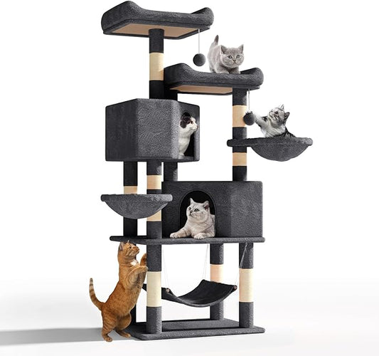 Athena Collection Cat Tree Tower, 58 Inch Tall Modern Cat Tree Claimbing Tower with Scratching Post 2 Condo 3 Hammocks Multi-Level Platform and Playing Ball for Indoor Large Adult, Dark Grey