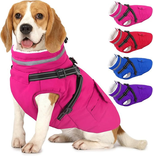 Dogcheer Dog Coat with Harness, Waterproof Dog Jacket Christmas Puppy Winter Coat with Pockets, Reflective Doggy Winter Jacket Soft Pet Fleece Snow Jacket for Small Medium Large Dogs - Pink, 3XL