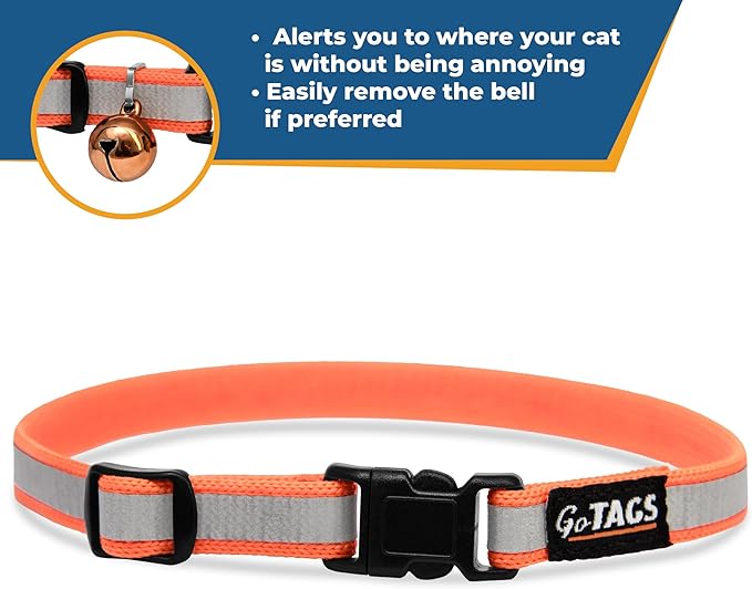 GoTags Personalized Reflective Cat Collars, Engraved Custom Cat Collar with Name and Phone Identification, Breakaway Collar with Safety Release Buckle and Bell, Adjustable for Cats and Kitten (Orange)