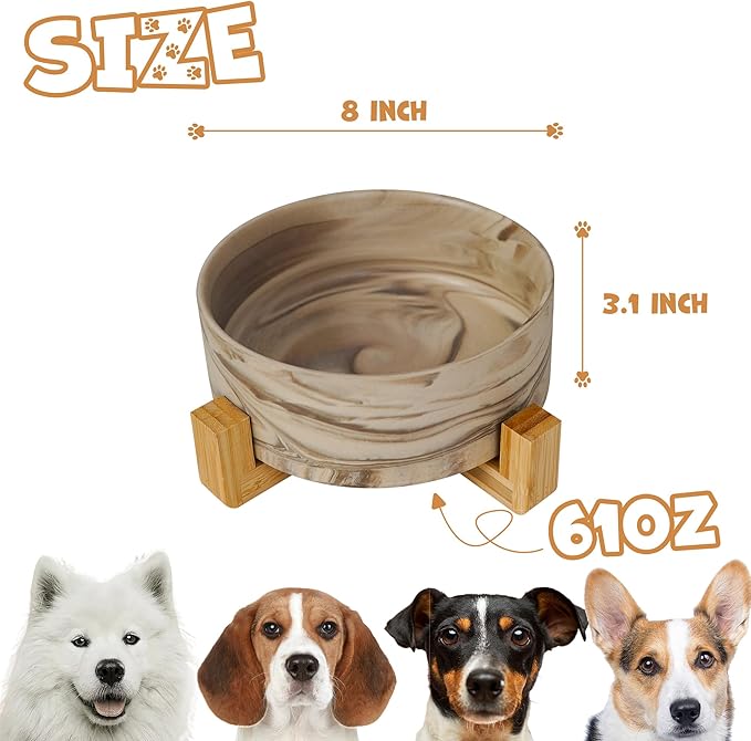 YOBRO Large Dog Bowl with Stand, 8" Non-Slip Ceramic Food or Water Bowl for Large Breed Dogs, Wide Open for Multiple Dogs, Modern Marble Design, Brown
