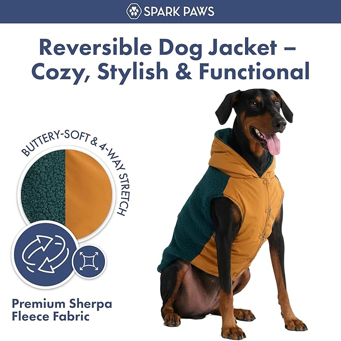 Spark Paws Reversible Dog Sweater, Sherpa Jacket Vest with Warm Fleece Lining, Warm Coat for Winter, Suitable for Small Medium, Large, XL XXL Dogs - Orange and Green - M