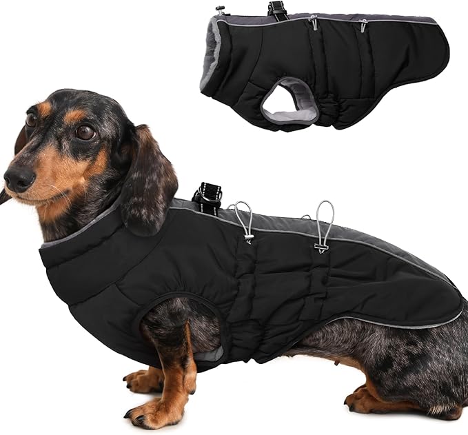 Dog Winter Jacket - Large, Warm Zip Up Snowsuit Dog Harness Vest, Reflective, Water-Resistant, Black