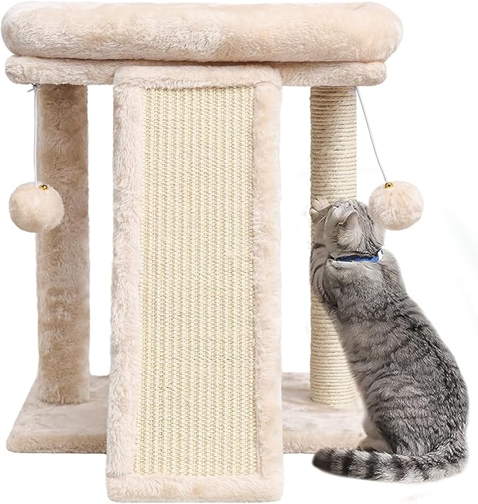 SYANDLVY Small Cat Tree with Scratching Post, Cat Scratching Board with Perch, Cat Post Scratcher for Indoor Cats, 2 Dangling Balls Great for Kittens (Beige)