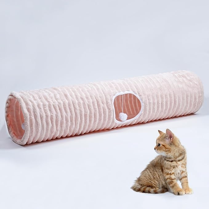 Luxurious Cat Tunnel,43" Straight Cat Tunnel Toys with Balls for Indoor,Collapsible Peekaboo Cave for Kitten（Pink Stripe）