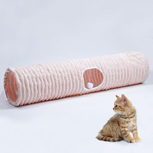 Luxurious Cat Tunnel,43" Straight Cat Tunnel Toys with Balls for Indoor,Collapsible Peekaboo Cave for Kitten（Pink Stripe）
