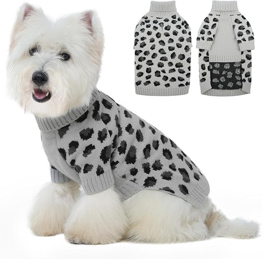 ROZKITCH Winter Dog Sweater for Small Medium Breeds, Leopard Print Thick Knitted Turtleneck Pullover, Soft Warm Coat for Labrador German Shepherd and Boxer Dogs Grey M