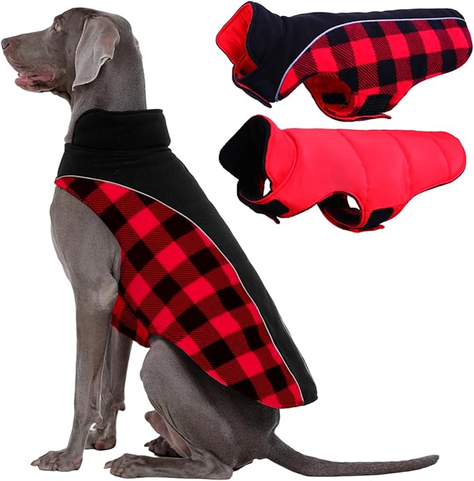 Kuoser Dog Winter Coat, Reversible Waterproof Dog Jacket with Leash Hole, Warm Dogs Fleece Vest Adjustable Doggy Cold Weather Clothes Plaid Christmas Outfit Pet Apparel for Extra Large Dogs, Red 3XL