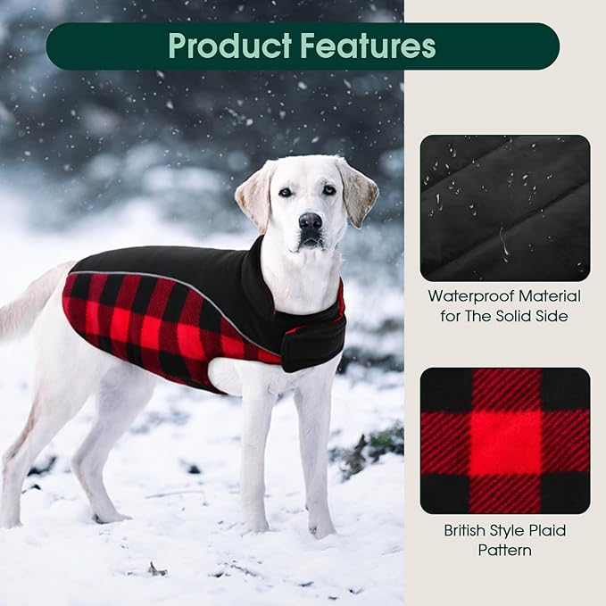 Kuoser Dog Winter Coat, Reversible Waterproof Dog Jacket with Leash Hole, Warm Dogs Fleece Vest Adjustable Doggy Cold Weather Clothes Plaid Christmas Outfit Pet Apparel for Large Dogs, RedBlack L
