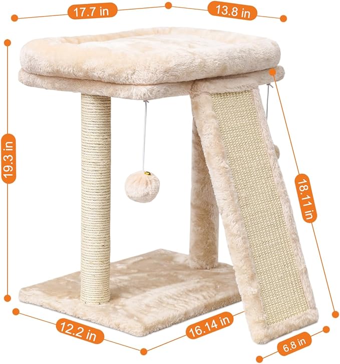 SYANDLVY Small Cat Tree with Scratching Post, Cat Scratching Board with Perch, Cat Post Scratcher for Indoor Cats, 2 Dangling Balls Great for Kittens (Beige)