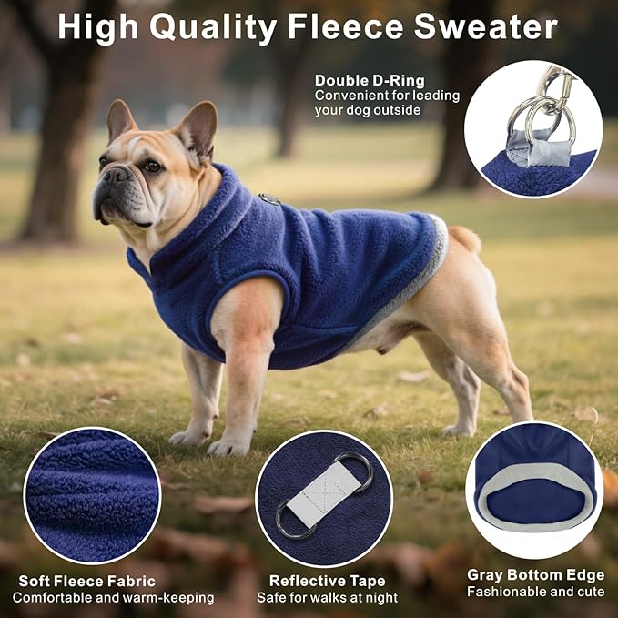 Idepet 2 Pack Dog Fleece Vest Sweater Warm Pullover Jacket with D-Ring Leash Reflective Winter Coat Hoodie for Small Medium Dogs Puppy Cat Pet Clothes (Black&Blue, Large)