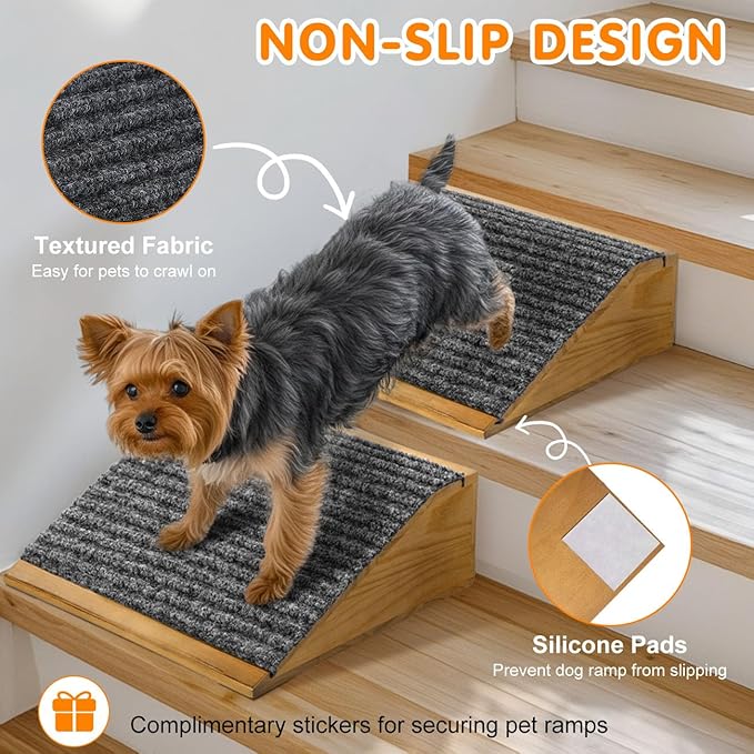 Dog Ramp for Stairs, Non-Slip Dog Stairs, Low-Angled Pet Ramps for Small Dogs and Cats, Medium Dogs, Step and Stair Assist for Injured and Older Pet, Walnut, 2 Pack