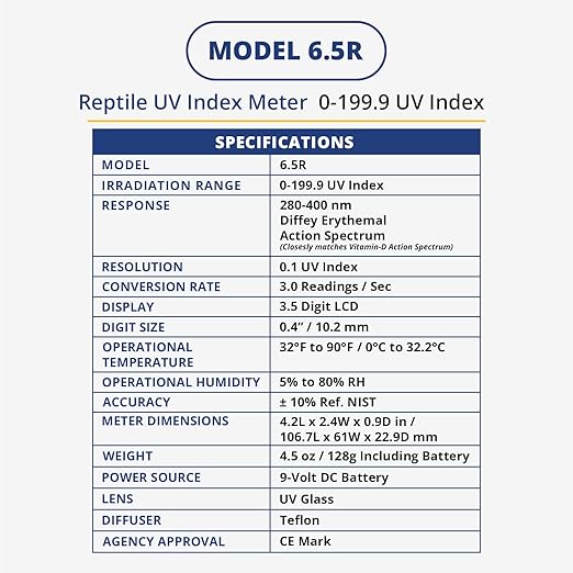 Model 6.5R Reptile UV Index Meter, Handheld Digital Radiometer for Measuring Ultraviolet Light, Measures 280-400 nm with Range from 0-199.9 UV Index, Made in USA, ABS Polymer, Black