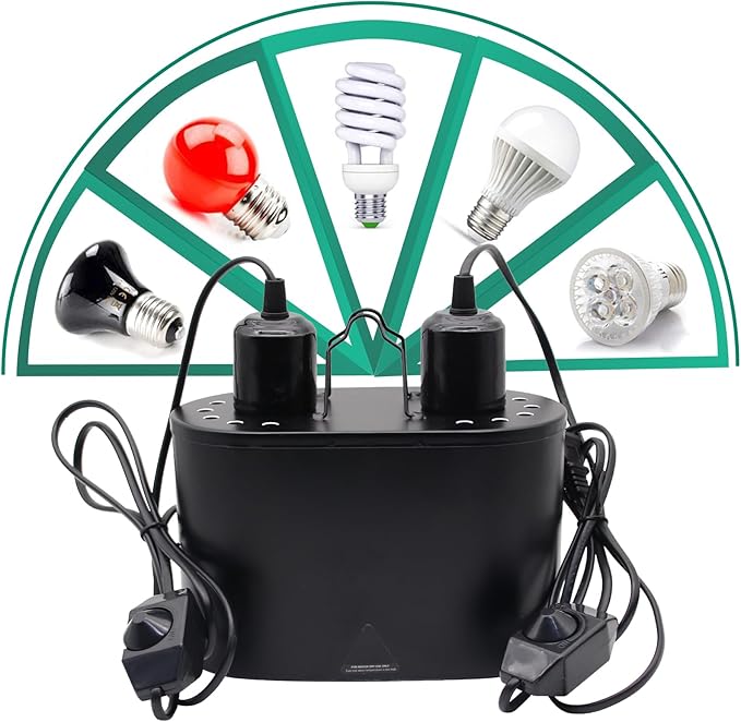 Dual Reptile Deep Dome Lamp Fixture with Temperature Adjustment,Dual Deep Cap Combo Integration Design Heat Lighting Lamp UVB Light with Independent Switches, for Reptile Snake and Tortoise