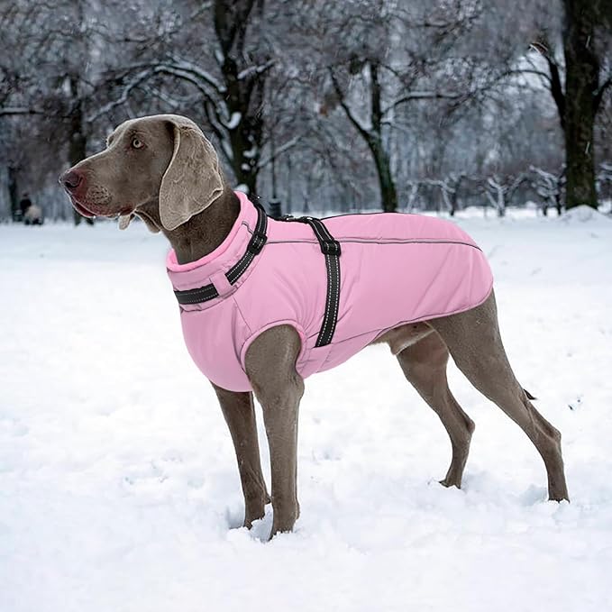 Lelepet Dog Coat with Harness Built in, Waterproof Dog Jacket for Large Dogs Reflective Winter Jacket with Zip Warm Cold Weather Coats for Dogs, Cozy Turtleneck Pet Snowsuit, Great Dane, Pink, 3XL