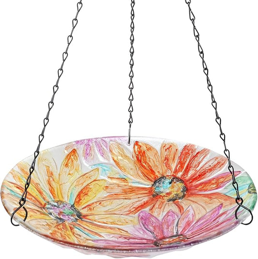 MUMTOP Hanging Bird Bath-Bird Baths for Outdoors - 12 Inch Watercolour Daisy Glass Bird Water Bowl Bird Feeders for Outside, Garden, Lawn Yard Decor