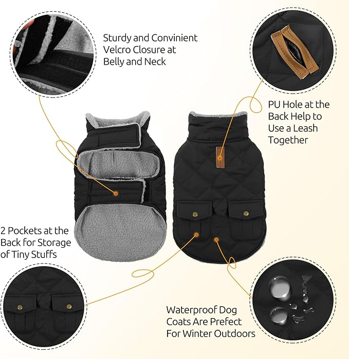 Queenmore Dog Winter Coat Warm Puffer Jacket Waterproof Plush Lining Thermal Cold Weather Vest for Small Medium Large Dogs, Windproof Easy On Pet Jacket Black M