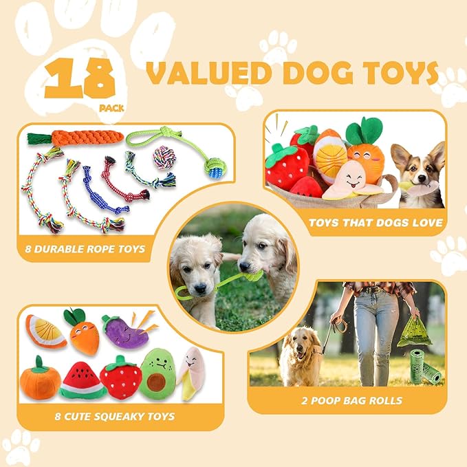 Puppy Chew Toys for Teething, Dog Toys 18 Pack Puppy Essentials Chew Toy Bundle with Squeaky Toys and Interactive Rope Toys for Small Dogs, Stuffed Plush Toys for Puppies to Keep Them Busy