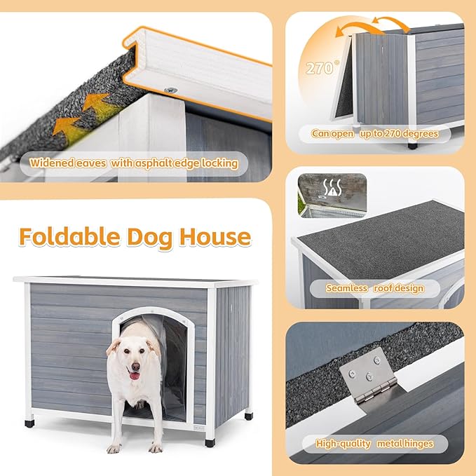 Petsfit 45.3" Dog House Outdoor, No Tools Required Assembly, Folding Dog House Outdoor, Unfold to Use, Dog Houses for Large Dogs Outside (Large, Grey)