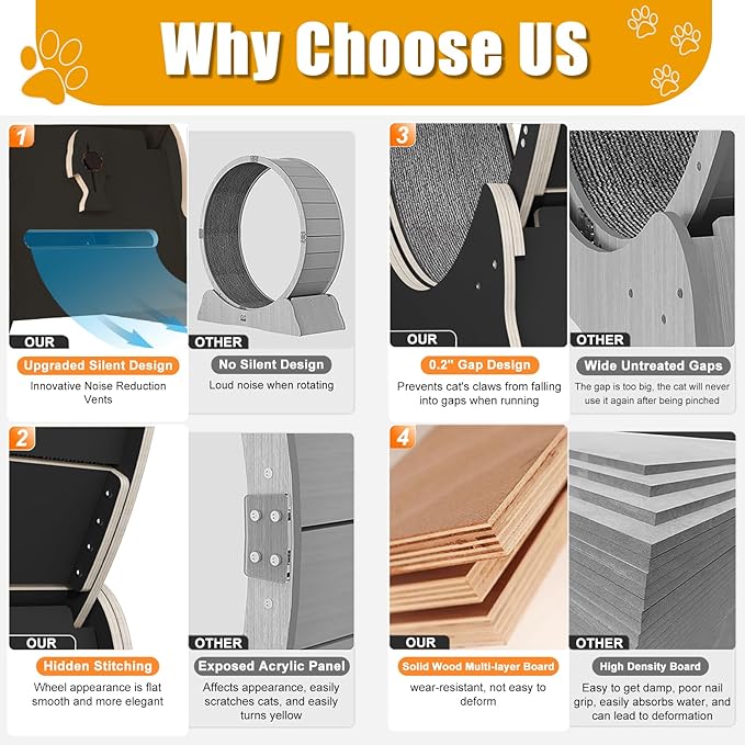 Large Cat Exercise Wheel 56 Inch - Black Solid Wood Exerciser for Indoor Cats, Safety Treadmill with Lock & Minimized Gap Design