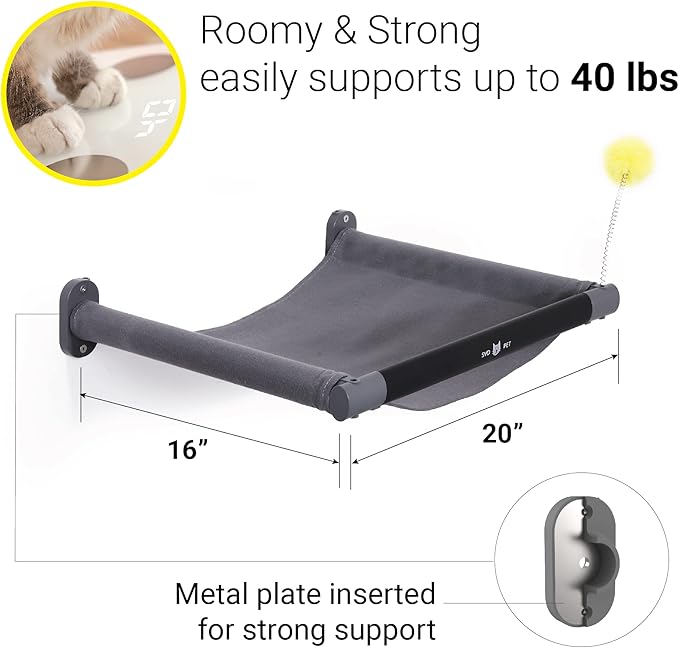 SVD.PET Wall Mounted Cat Hammock & Toy, Soft, Comfortable Cover - Modern Cat Shelf - Supports up to 40 lbs (Dark Grey)