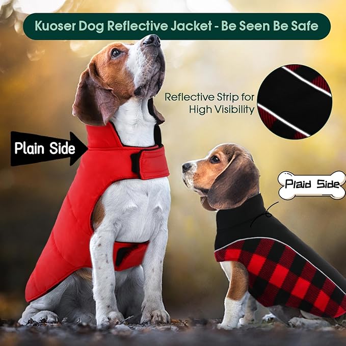 Kuoser Dog Winter Coat, Reversible Waterproof Dog Jacket with Reflective Strip, Warm Dogs Fleece Vest Adjustable Doggy Cold Weather Clothes Plaid Christmas Outfit Pet Apparel for Large Dogs, Red XL