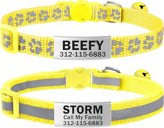 TagME 2 Pack Cat Collar with Name Tag, Personalized Reflective Cat Collar Breakaway with Bell for Boy & Girl Kitten, Yellow