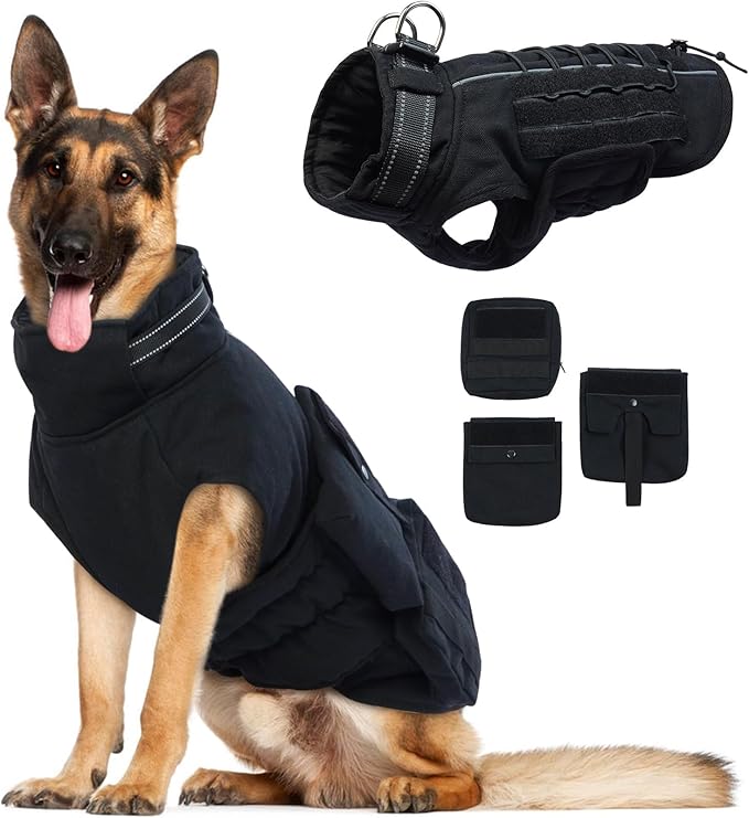 Dora Bridal Dog Winter Coat with Harness Built in, Large Dogs Warm Windproof Reflective Dogs Jacket, Pet Vest with Molle Panels and 3 Pouches for Male Dog, Black, 2XL