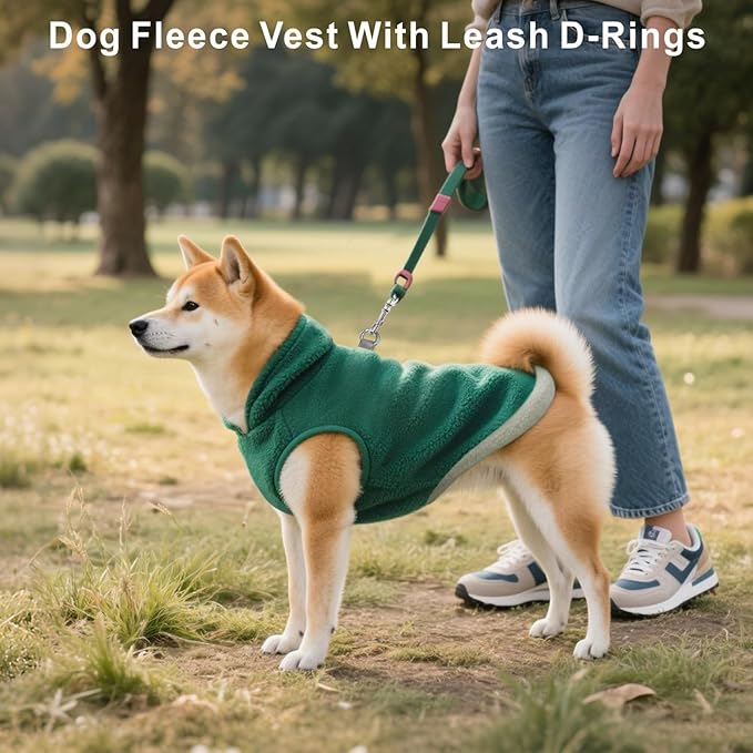 Idepet 2 Pack Dog Fleece Vest Sweater Warm Pullover Jacket with D-Ring Leash Reflective Winter Coat Hoodie for Small Medium Dogs Puppy Cat Pet Clothes (Dark Green&Grass Green, X-Large-French Bulldog)