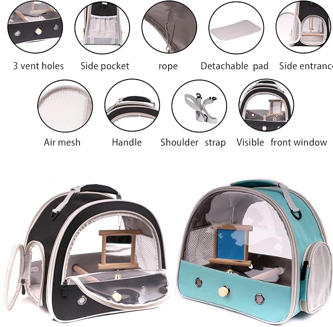 Portable Parrot Travel Cage Carrier with Small Swing Toy&Cage Colorful Toys Set Small Bird Parakeet Bag with Standing Perch Bird Carry Transport Bag (Green, Carrier/Mirror)