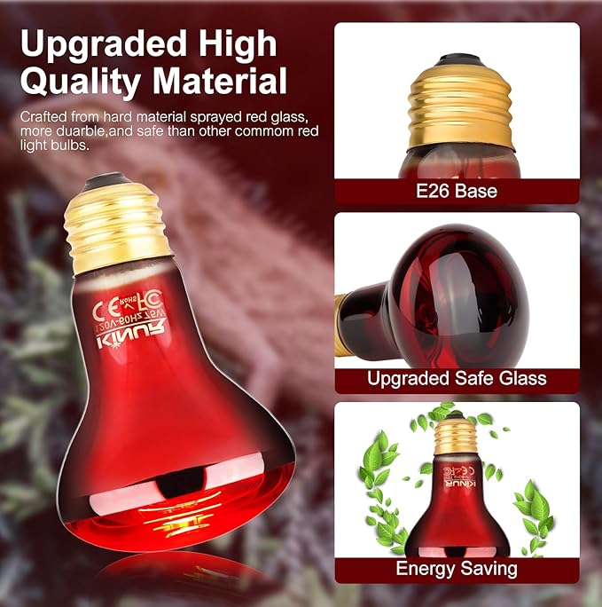 KINUR 75W Reptile Heat Lamp Bulb-Infrared Heat Emitter Red Heat Lamp for Reptile Amphibian, Infrared Basking Spot Light Bulb for Bearded Dragon,Turtle,Lizard,Snake,Gecko,Chick,Red,2 Pack