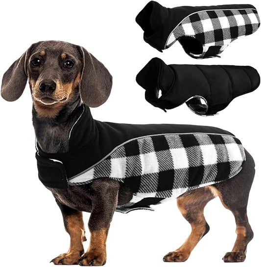 Kuoser Dog Winter Coat, Reversible Waterproof Dog Jacket with Reflective Strip, Warm Dogs Fleece Vest Adjustable Doggy Cold Weather Clothes Plaid Christmas Outfit Pet Apparel for Small Dogs, Black S