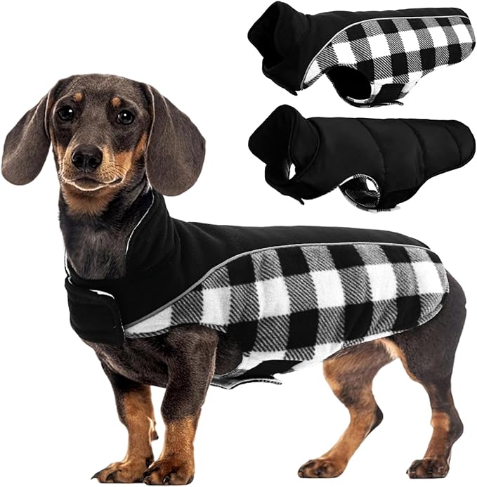Kuoser Dog Winter Coat, Reversible Waterproof Dog Jacket with Reflective Strip, Warm Dogs Fleece Vest Adjustable Doggy Cold Weather Clothes Plaid Christmas Outfit Pet Apparel for Small Dogs, Black XS