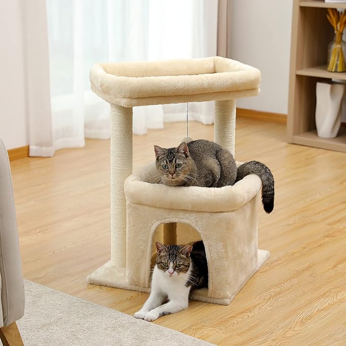 27" Cat Tree for Medium Cats, Cat Tower with Large Top Perch, Full Wrapped Natural Sisal Scratching Posts for Indoor Cats with Spacious Condo & Toy Ball, Beige