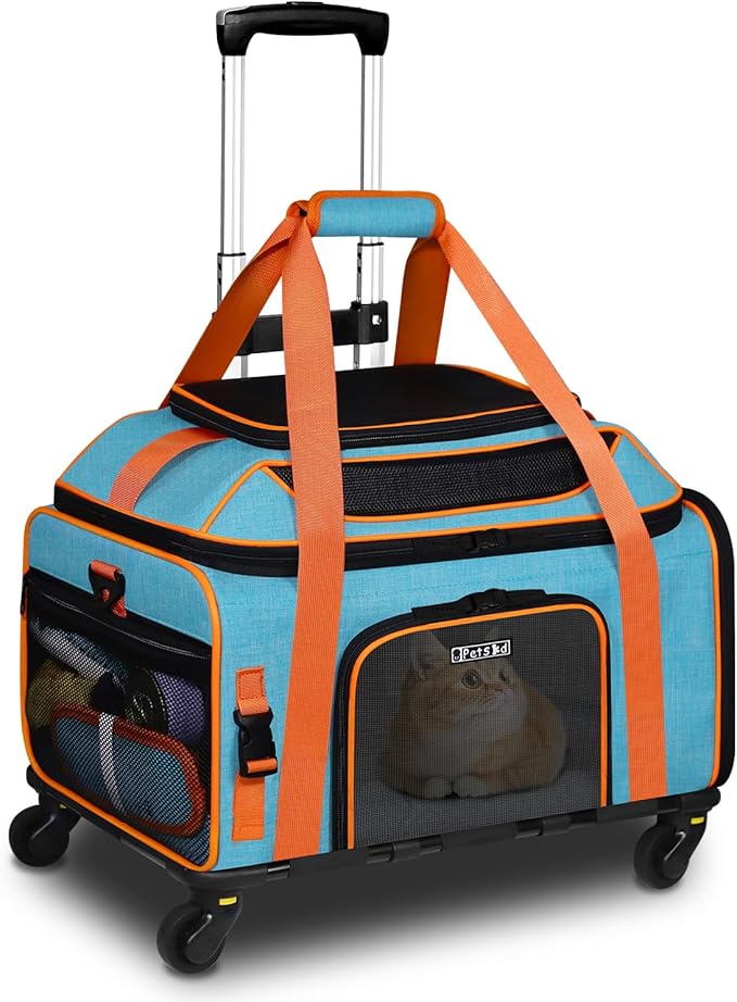 Petskd Top-Expandable Pet Carrier with Wheels 19x13x9 Inches Southwest Allegiant Airlines Approved, Soft-Sided Carrier for Small Dog Under 12 lbs and Large Cat Under 15 lbs(Blue)