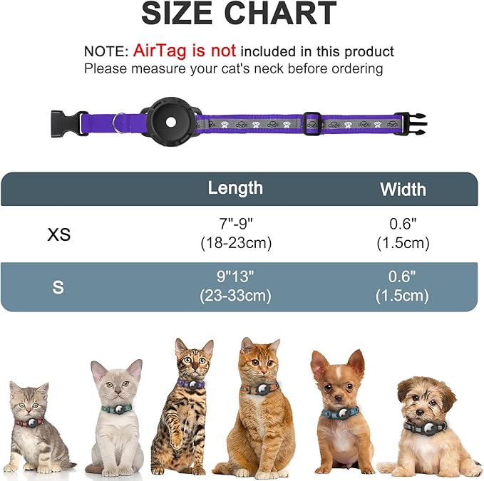 Reflective AirTag Cat Collar, Integrated Cat Tracker Collar with Air Tag Holder and Bell, Safety Elastic Band Cat GPS Collars for Girl Boy Cats, Kittens and Puppies (Purple, S)
