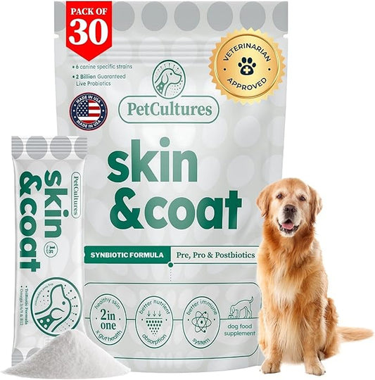 Skin and Coat Synbiotic Formula - with Fish Oil, Biotin, Zinc, Borage Oil, and Probiotics in 30 Packs