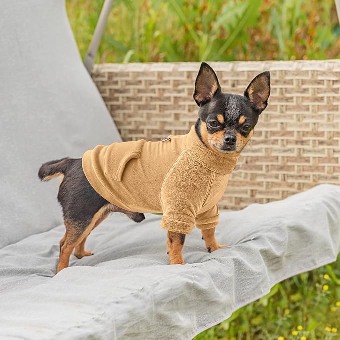 Idepet Fleece Dog Sweater 2 Pack, Winter Pet Clothes Turtleneck Sweatshirt with Leash Ring, Stretchy Small Dog & Cat Coat with Pocket (Khaki+Brown, X-Small)