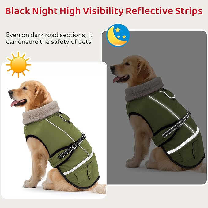 Dog Coat, Dog Winter Coat Jacket Waterproof for Large Dogs, Pet Vest Warm Fleece Cozy for Cold Weather, with Harness Built in Reflective, Dogs Snowsuit Windproof, Adjustable Buckle