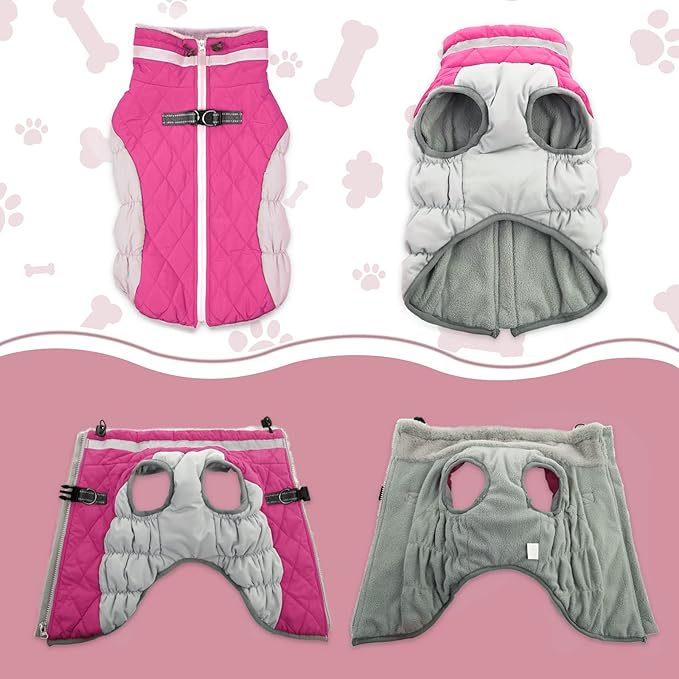 Lelepet Dog Coat Warm Dog Winter Coat Waterproof Dogs Jacket with Harness Built in Reflective Pet Fleece Vest Zip-Up Cold Weather Coats for Large Dogs Turtleneck & Windproof Coats Boxer Rose Red XL