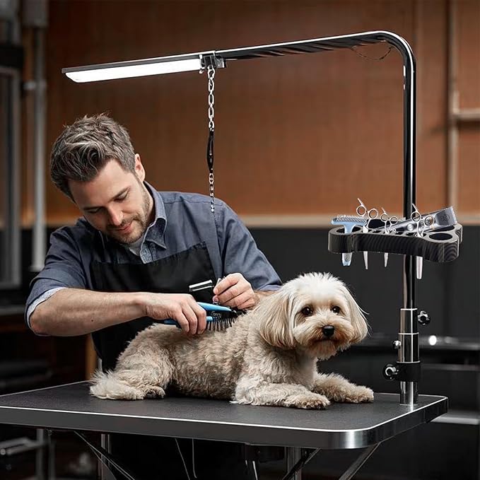 Adjustable Pet Grooming Organizer for Scissors, Brushes and Tools - Rotatable Multi-Compartment Grooming Arm Stand