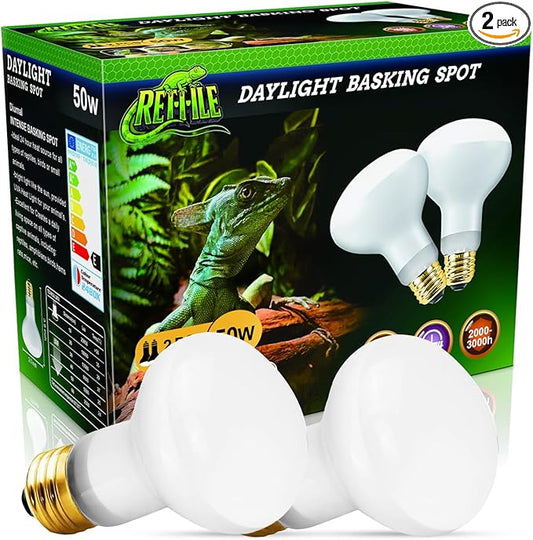 Reptile Heat Lamp 50W, 2 Pack Daylight UVA Basking Light Bulbs with E26 Base for Lizards, Turtles, Snakes and Amphibians